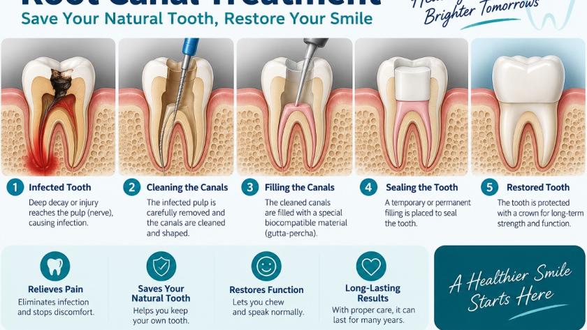 Five stage diagram of root canal treatment, from infected tooth through cleaning and filling the canals to a restored tooth with a crown