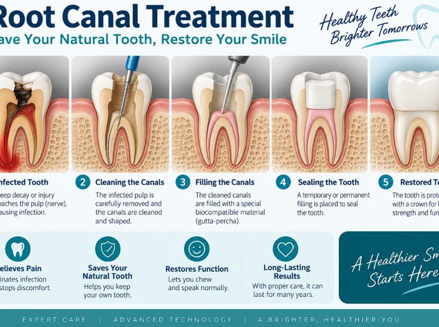 Five stage diagram of root canal treatment, from infected tooth through cleaning and filling the canals to a restored tooth with a crown