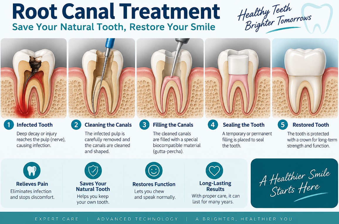 Five stage diagram of root canal treatment, from infected tooth through cleaning and filling the canals to a restored tooth with a crown